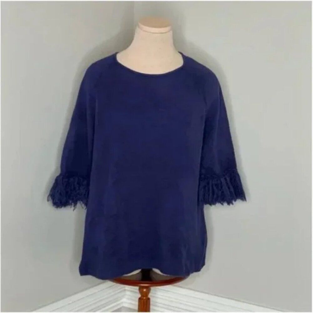 J. McLaughlin 100% Cotton 3/4 Fringed Sleeve Blue Knit Sweater Size Medium